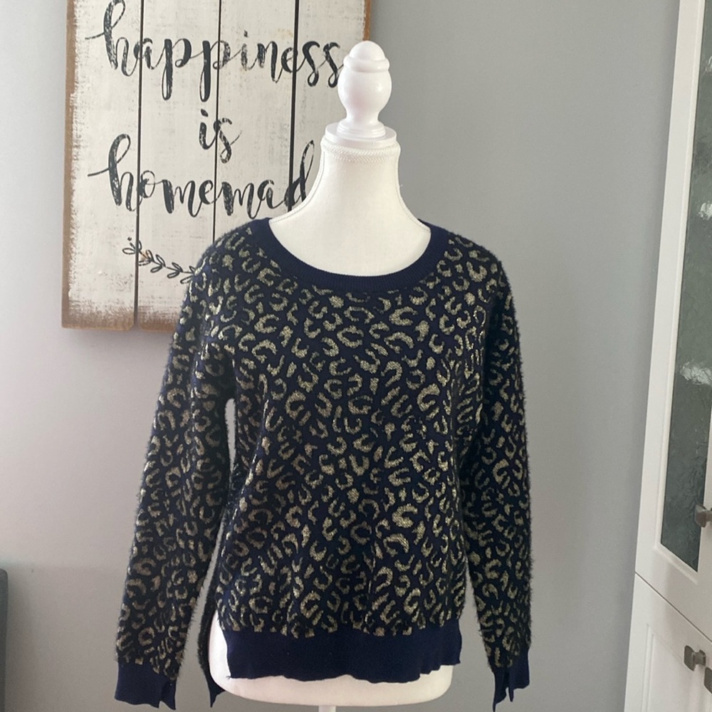 Zara Navy Blue and Gold Leopard Print Crewneck Sweater